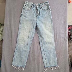 Zara High Waisted Straight Leg Jeans Light Wash Raw Hem Button Fly Size 4 26